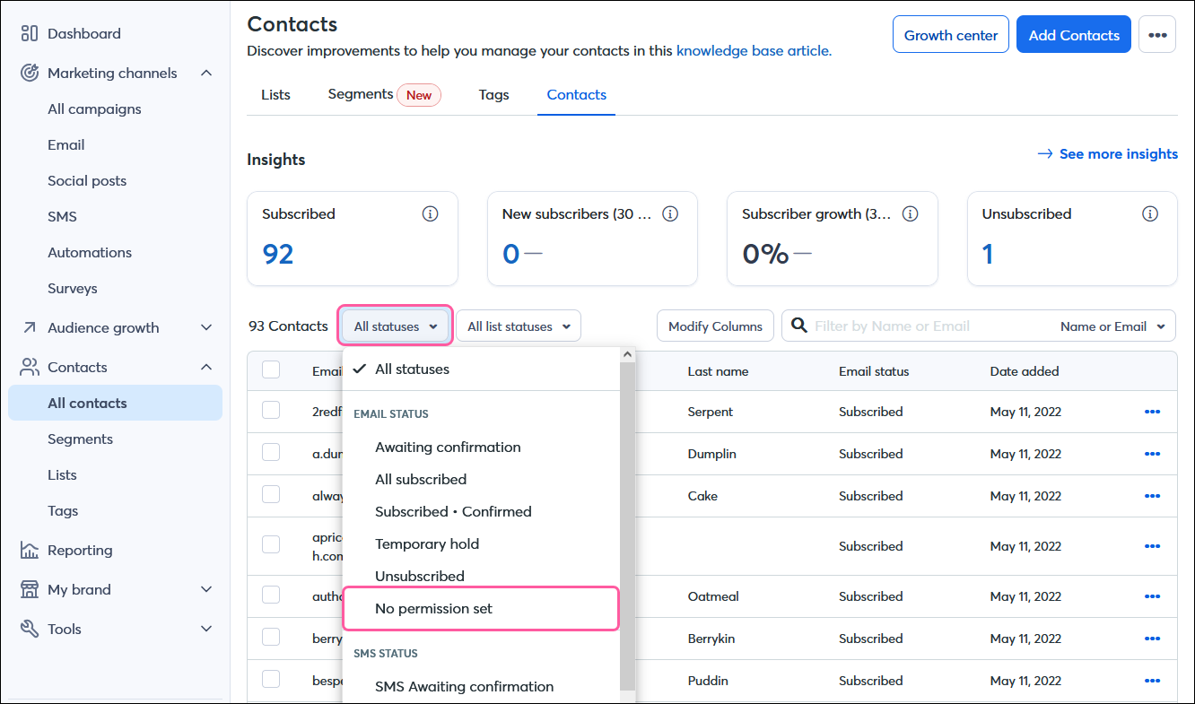 Pestaña Contacts (Contactos), lista del correo electrónico, desplegable All Contacts (Todos los contactos) y opción No Permission Set (No hay permisos otorgados)