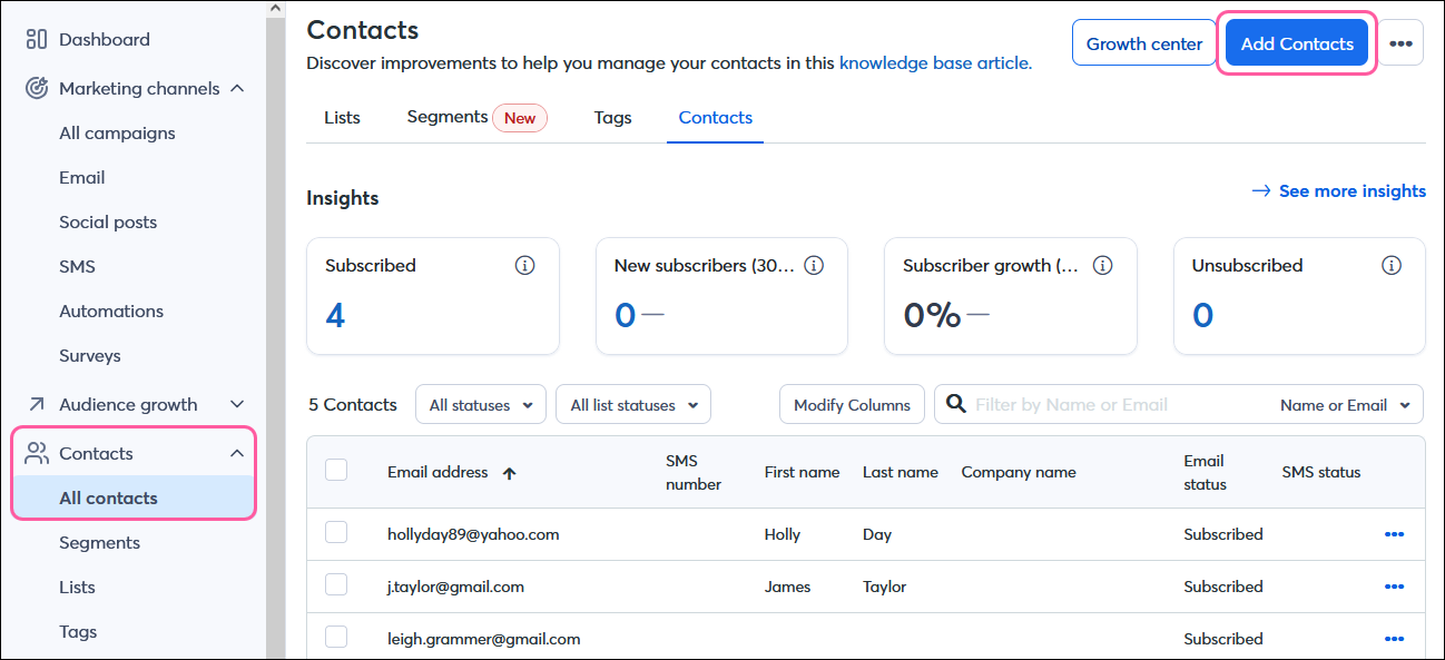 Dropdown-Menü Kontakte mit der Option Kontakte hinzufügen