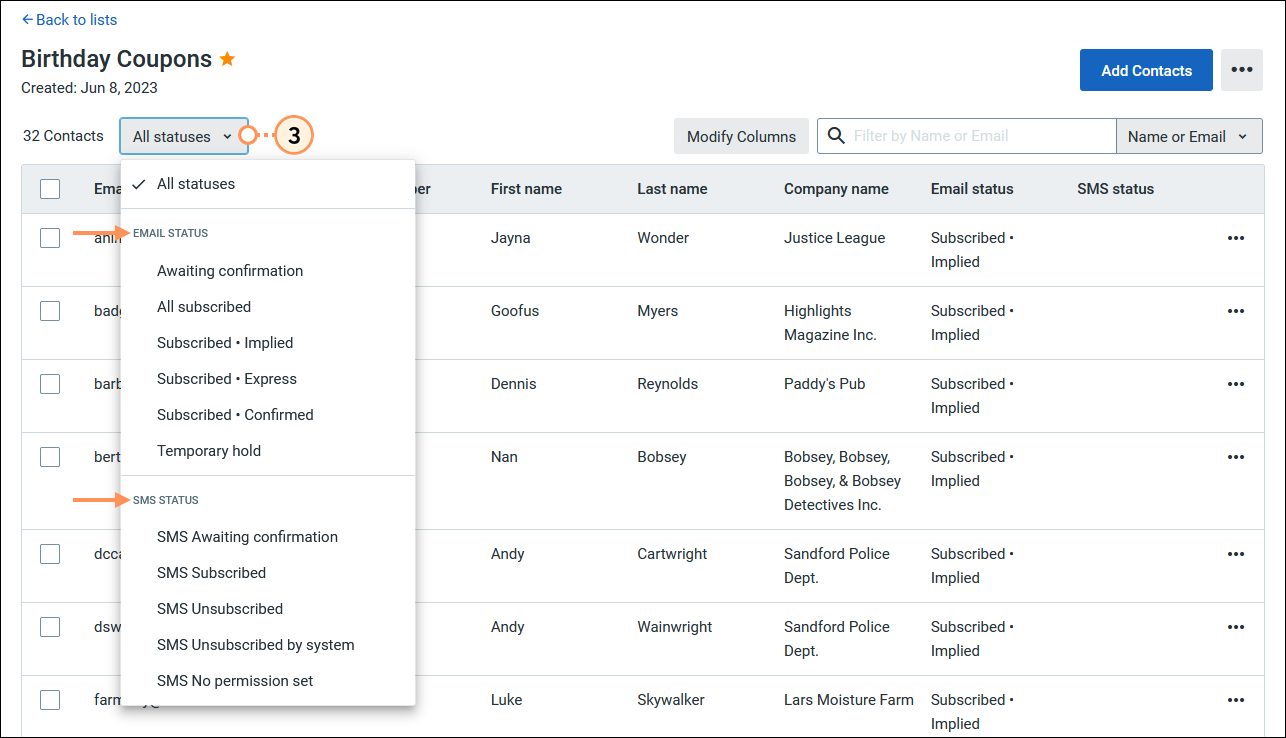List view with Contact Status drop-down menu expanded and All statuses option selected, and Email status and SMS status options