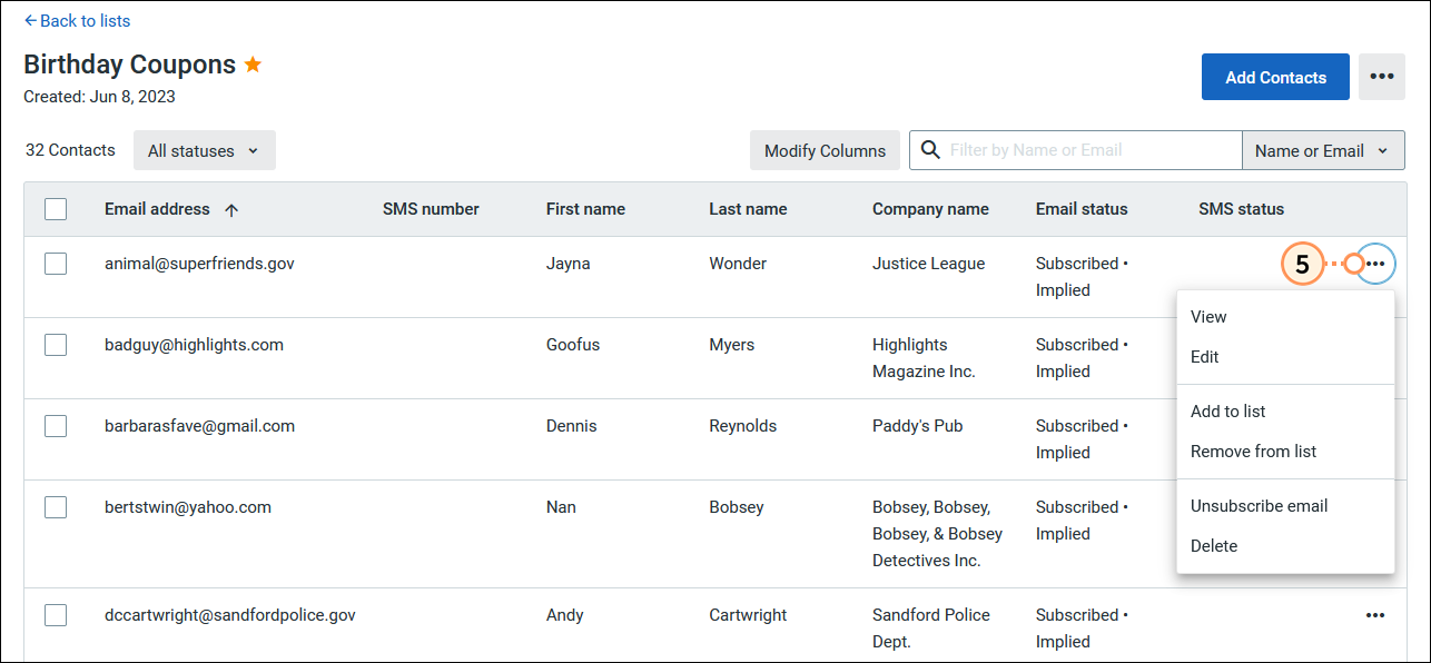 List view with contact menu expanded