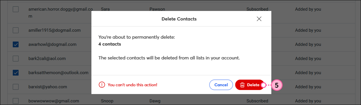 Delete Contacts overlay with multiple contacts and Delete button