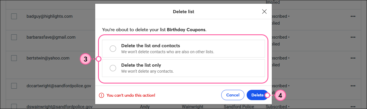 Delete list overlay, Delete the list and contacts option, Delete the list only option, and Delete button