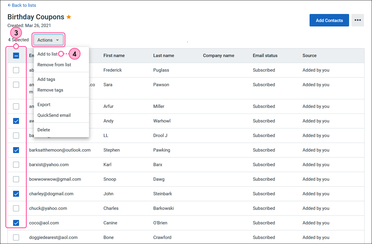 List view, multiple contacts selected, Actions drop-down menu expanded and Add to list option selected