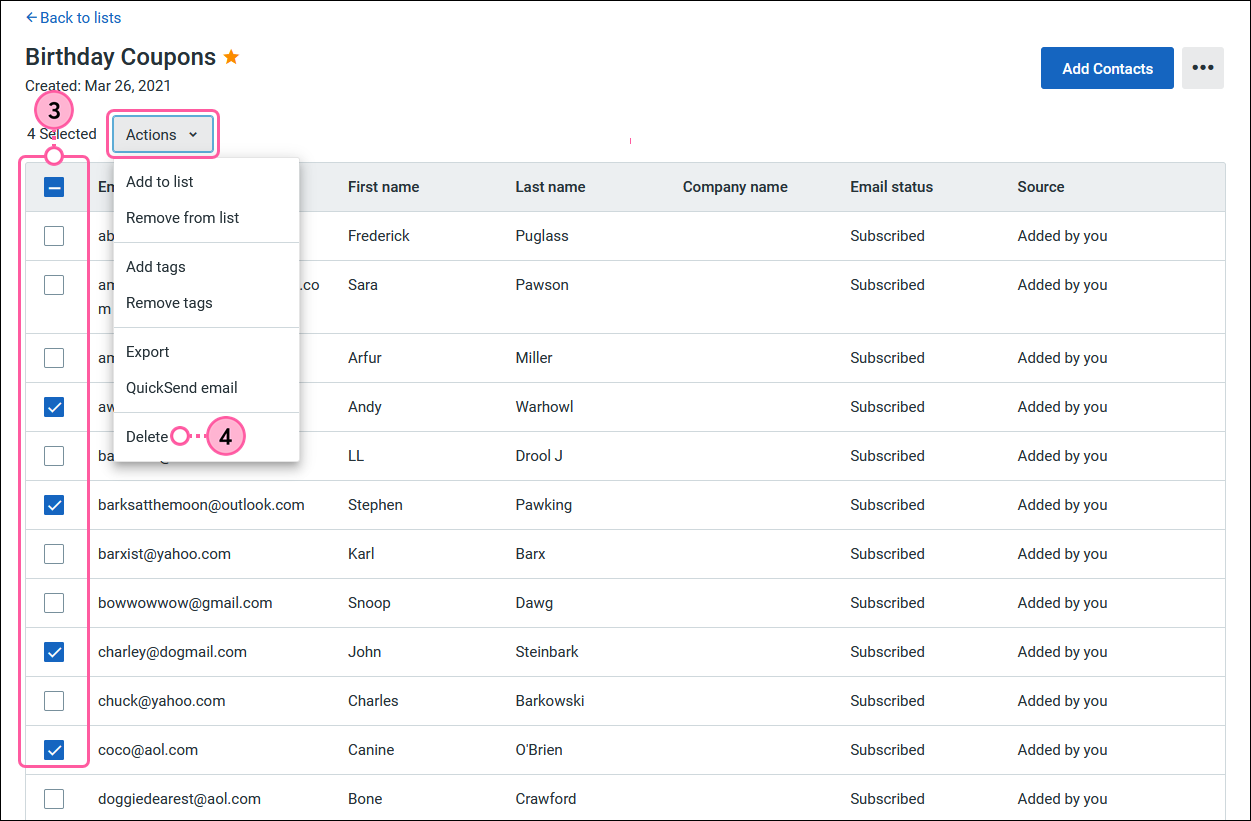 List view with multiple contacts selected, Actions drop-down menu expanded, and Delete option selected