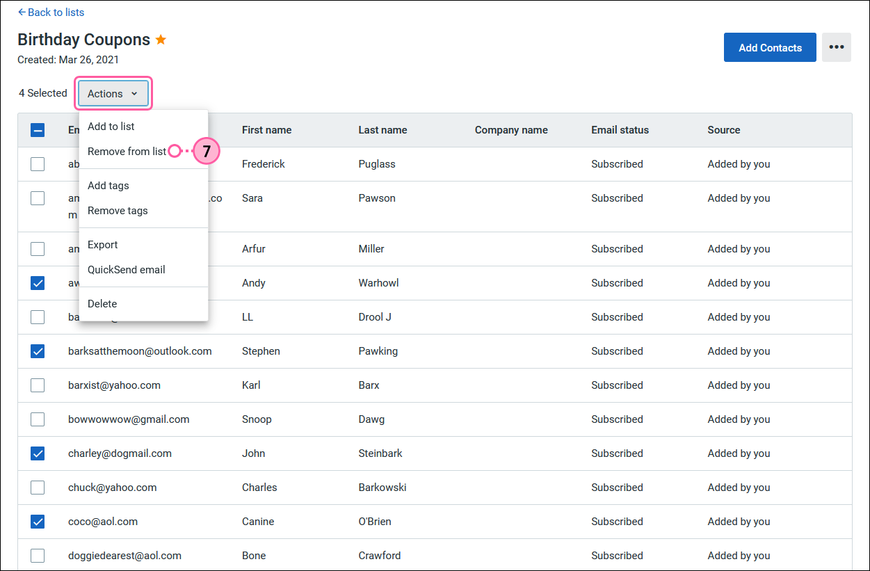 List view, multiple contacts selected, Actions drop-down menu expanded and Remove from list option selected