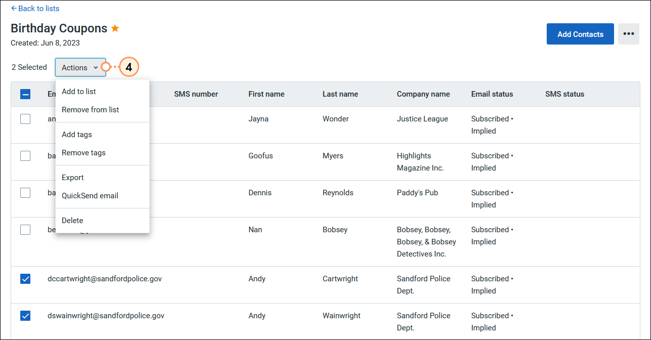 List view with multiple contacts selected and Actions drop-down menu expanded