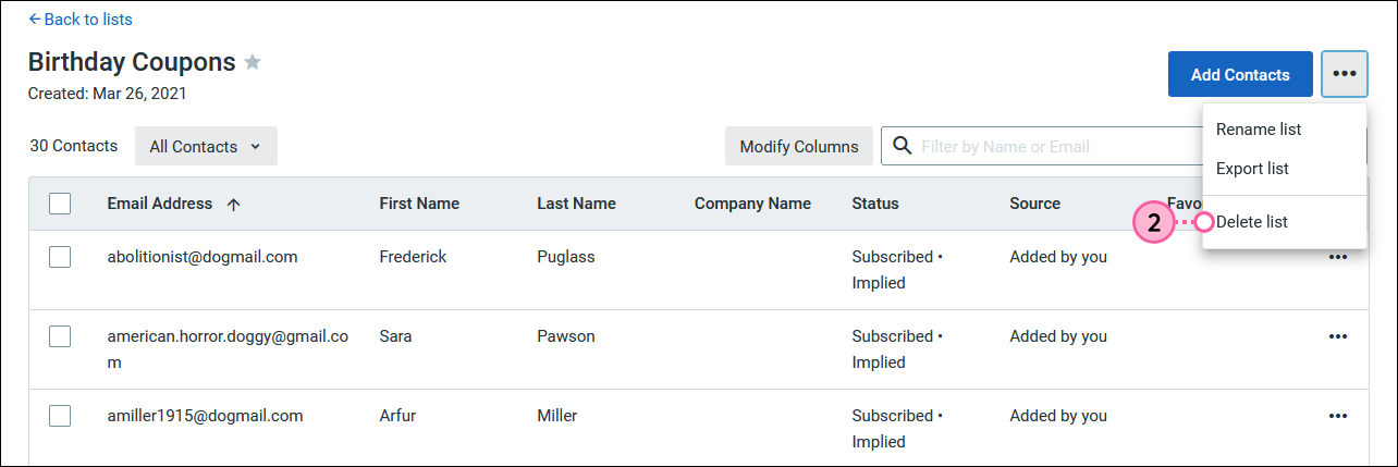 List view with options menu expanded and Delete option selected