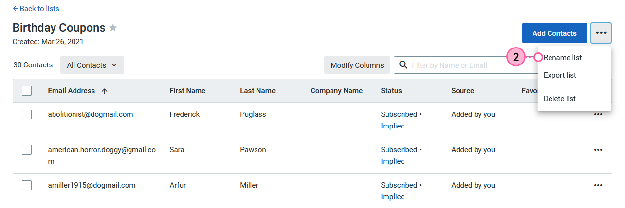 List view with options menu expanded and Rename option selected