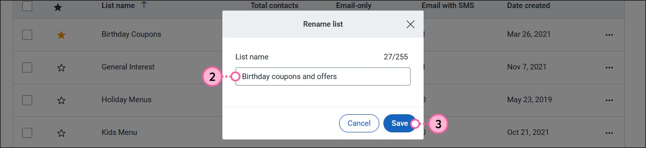 Rename List overlay with List Name field and Rename button