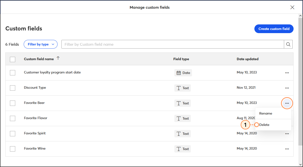 Manage custom fields overlay with custom field menu expanded and Delete option selected