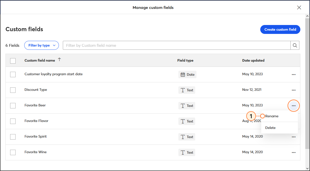 Manage custom fields overlay with custom field menu expanded and Rename option selected