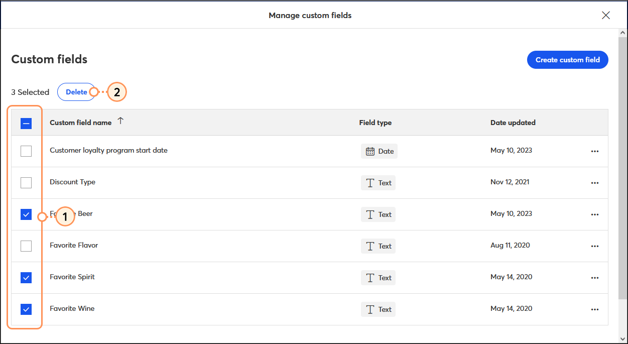Manage custom fields overlay, multiple custom fields selected, and Delete button