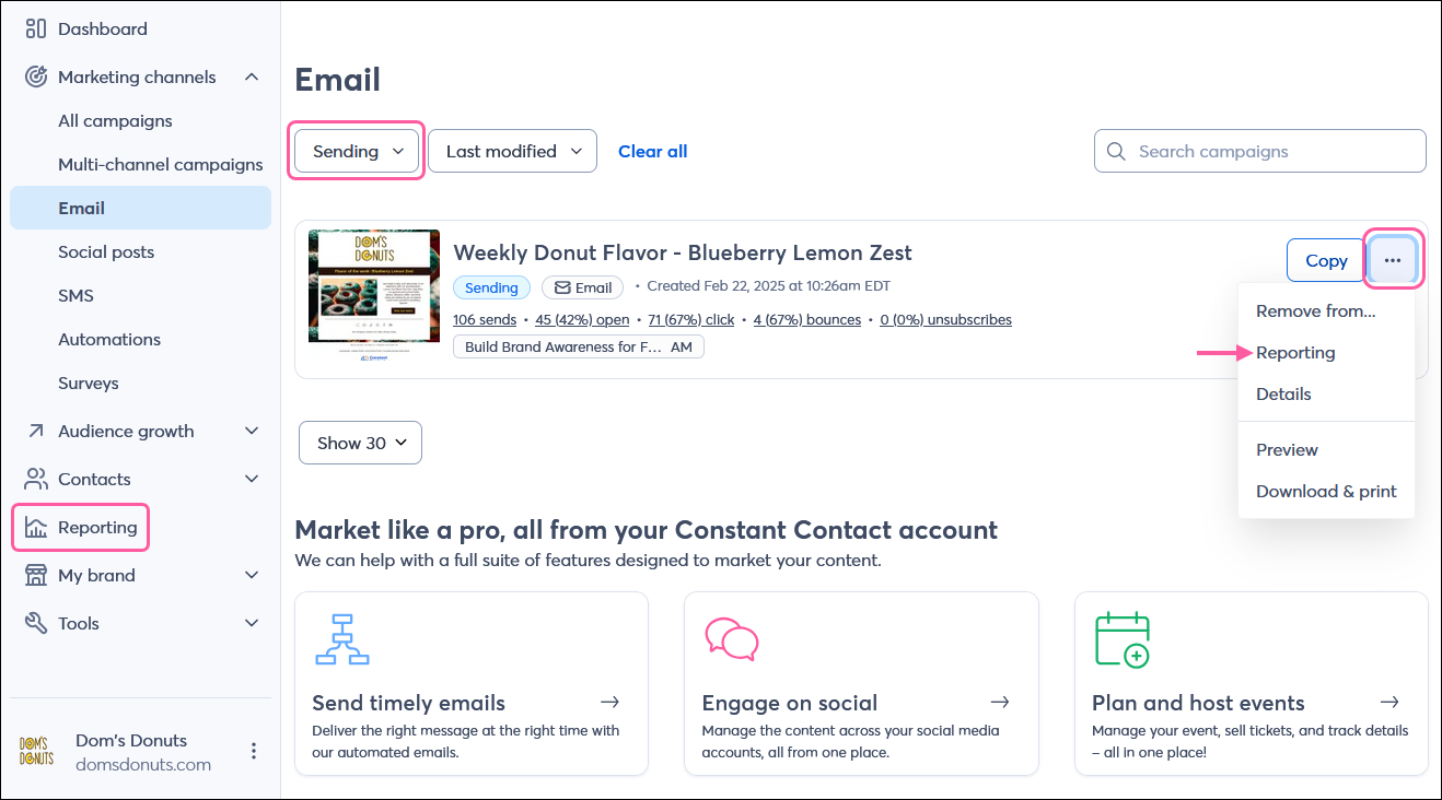 Marketing campaigns menu expanded and Email option selected, Email dashboard with Sending option selected and email with menu expaned and Reporting option