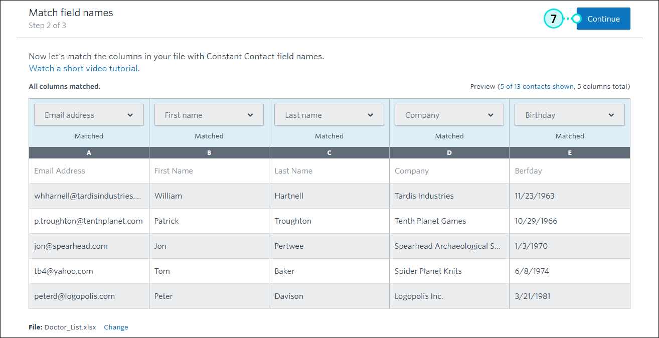 Match field names Step 2 of 3 with Contacts table with all headings matched and Continue button