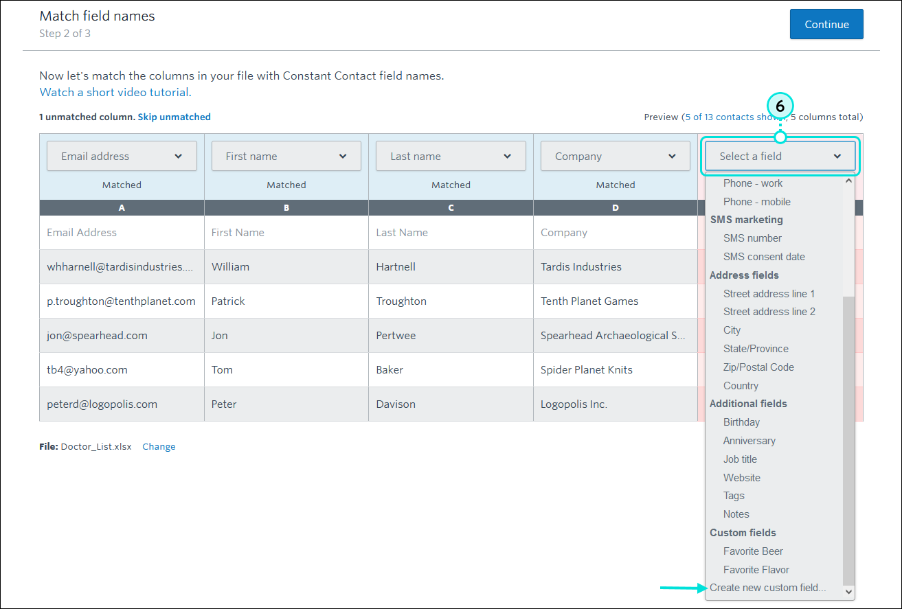 Match field names Step 2 of 3 with Contacts table with heading menu expanded with Custom fields section and Create anew custom field option, and Continue button
