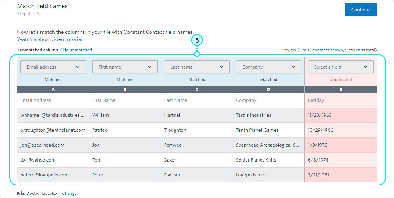 Match field names Step 2 of 3 with Contacts table with contact headings and mismatched column due to mispelling