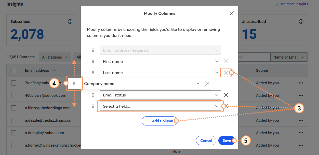 Modify Columns overlay with column fields, Select a field option, Delete (X) option, and Add Column button, and Save button