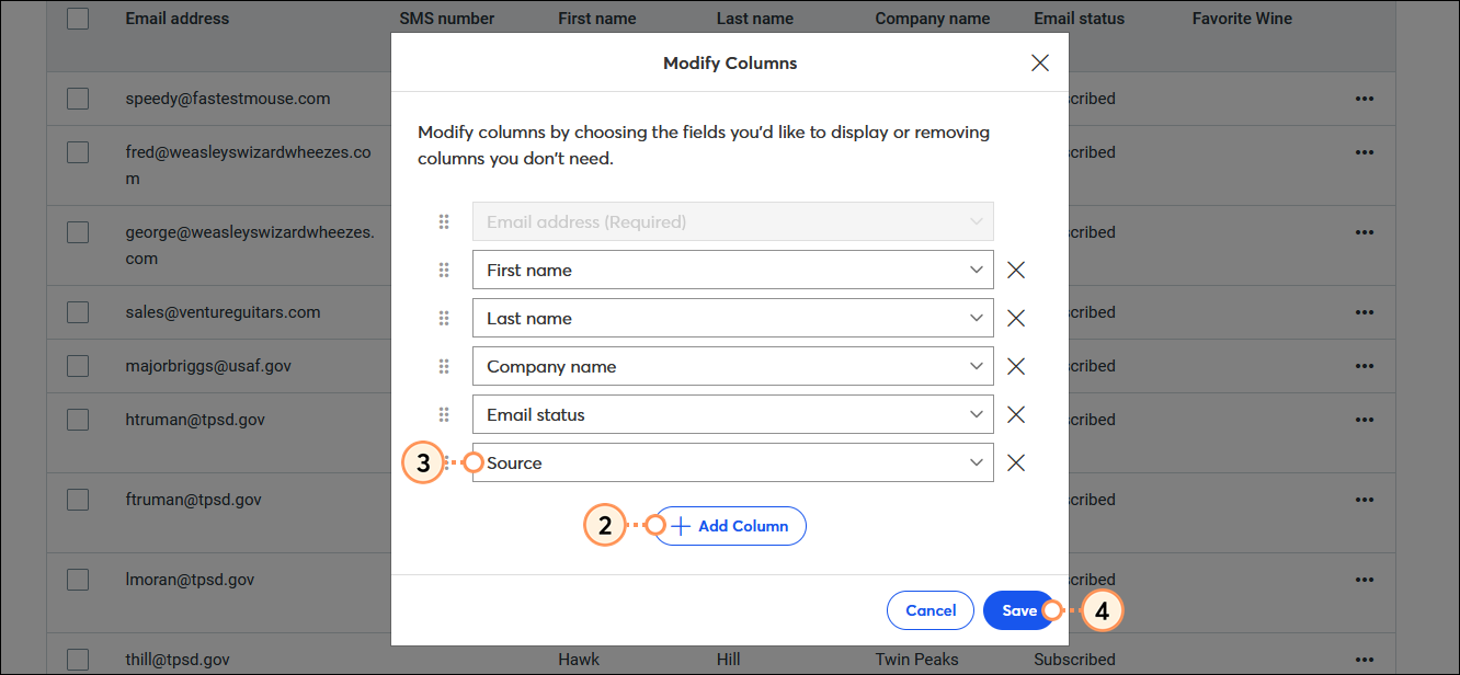 Modify Columns overlay, Add Column button, Source option, and Save button