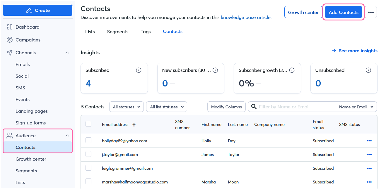 Contacts drop-down with Add Contacts option