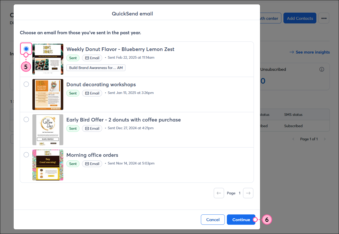 QuickSend email overlay with sent emails, email selected, and Continue button