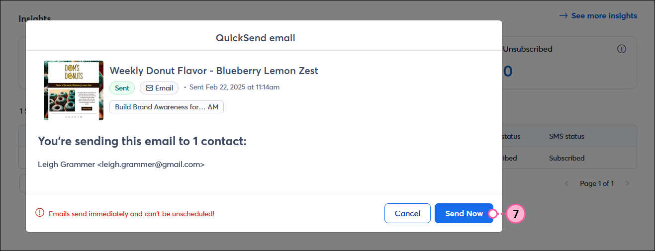QuickSend overlay with selected email and contact information, and Send Now button