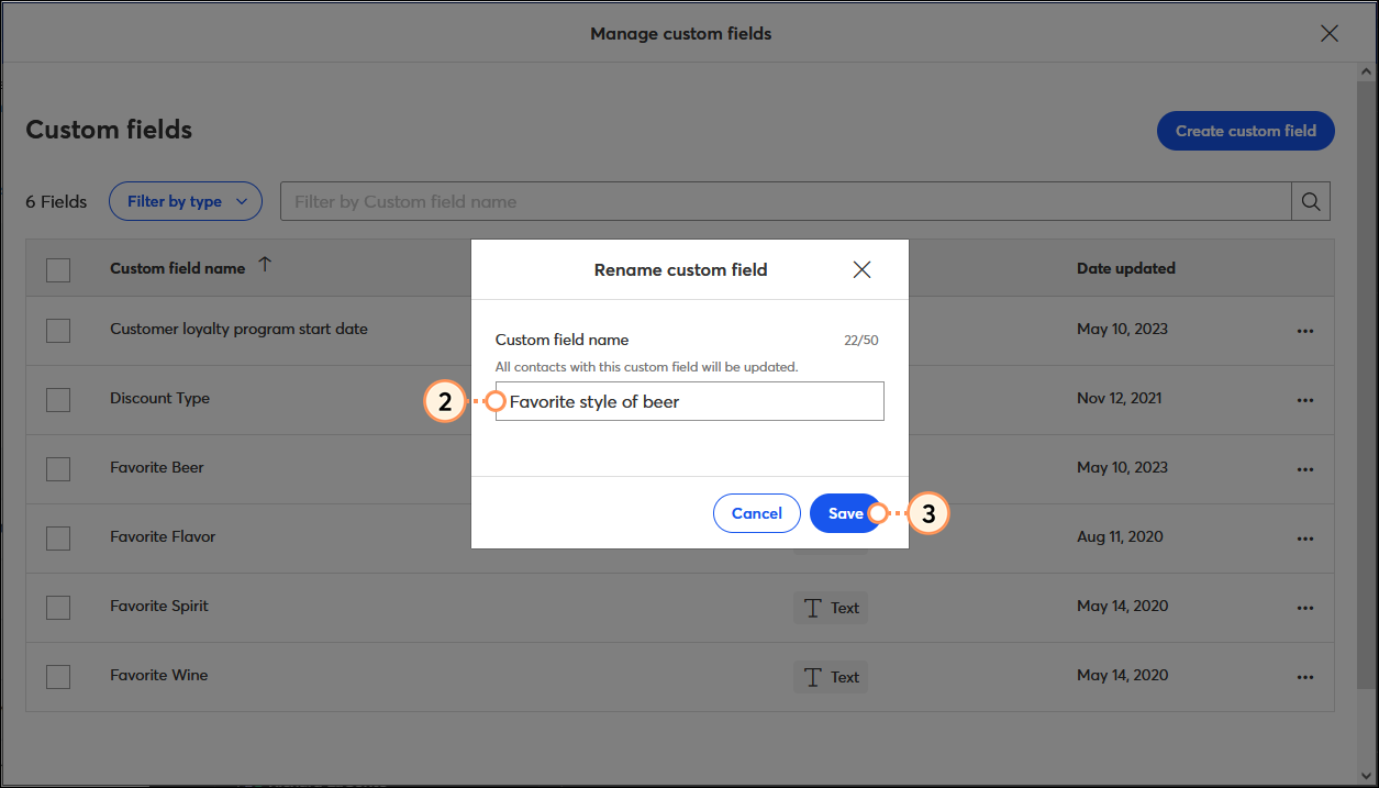 Manage custom fields overlay and Rename custom field overlay, Custom field name field, and Save button