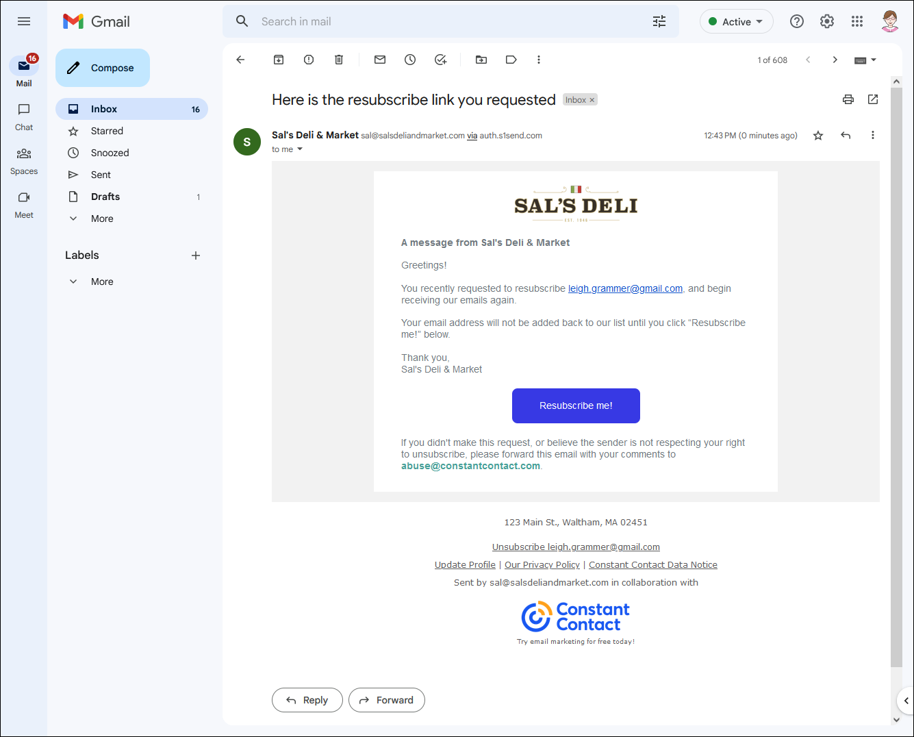 Example resubscribe email as seen in an inbox with Resubscribe me! button