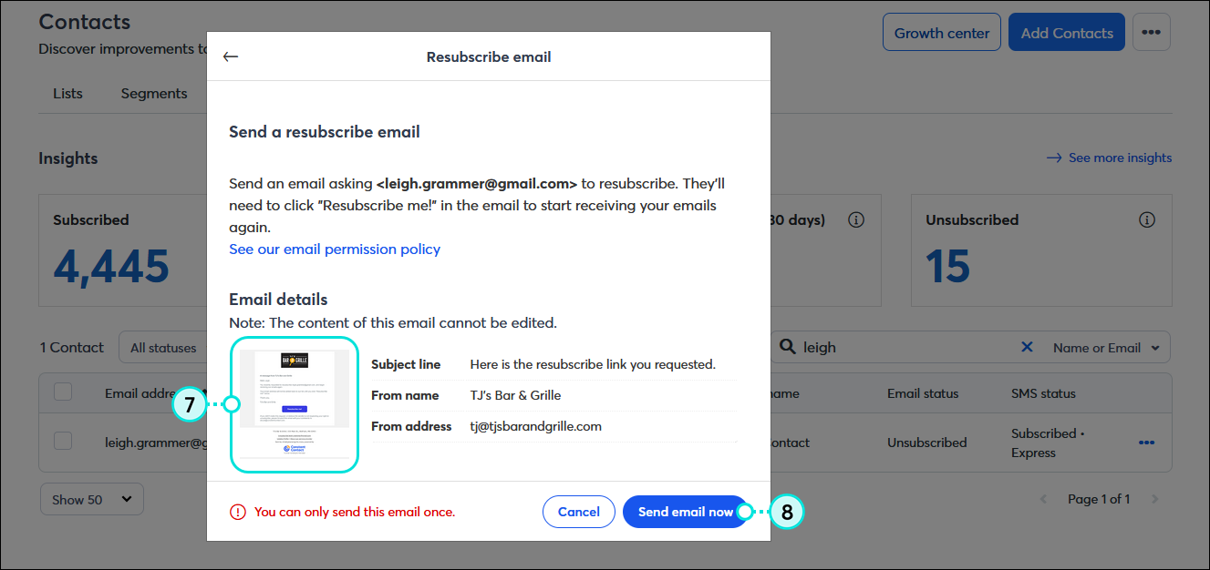Resubscribe email overlay, Email details section with email thumbnail, and Send email now button