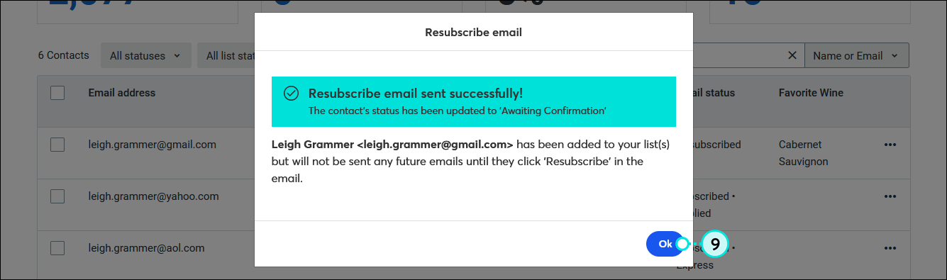 Resubscribe email overlay success message and Ok button