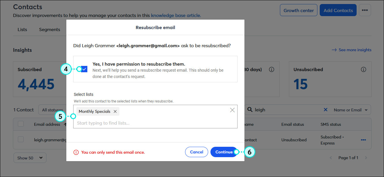 Resubscribe email overlay, "Yes I have permission to resubscribe them option selected, List field with list selected, and Continue button