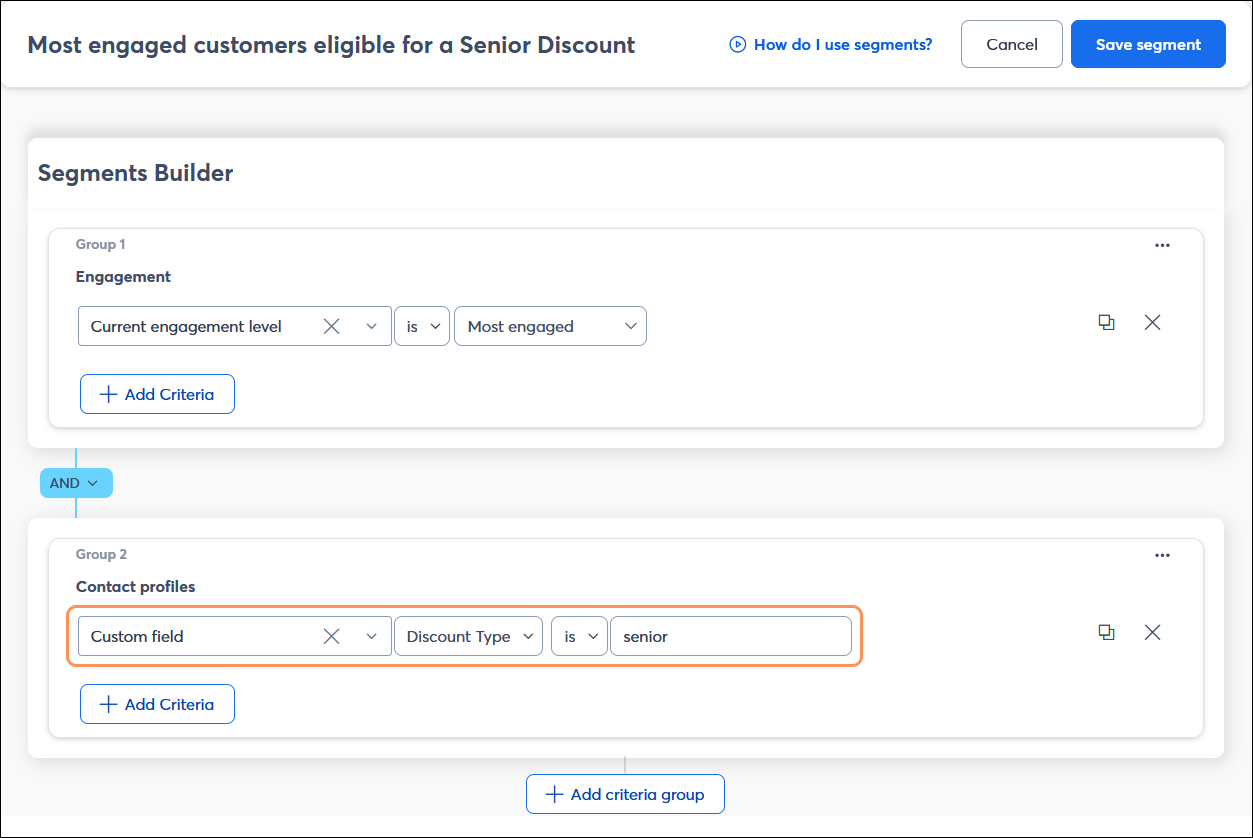 Segment builder with Contact profiles criteria section with custom field selected