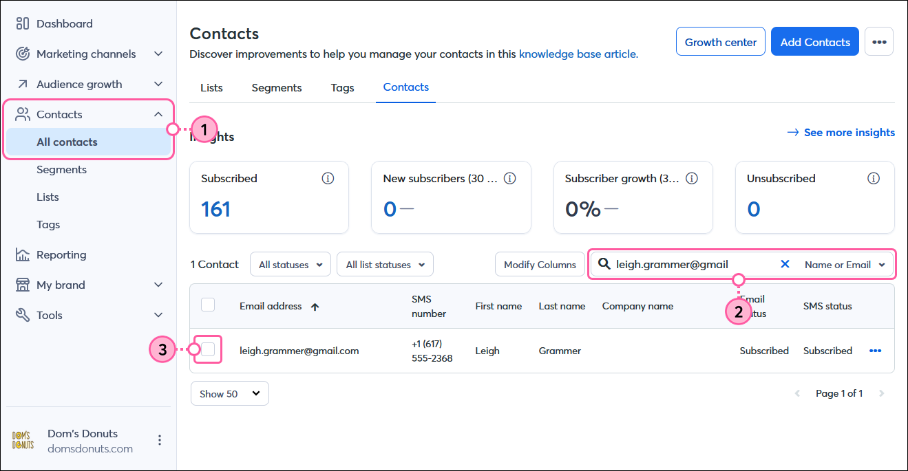 Contacts menu expanded with All contacts option selected, Contacts dashboard with Contacts tab selected, Search field with email address, and search results