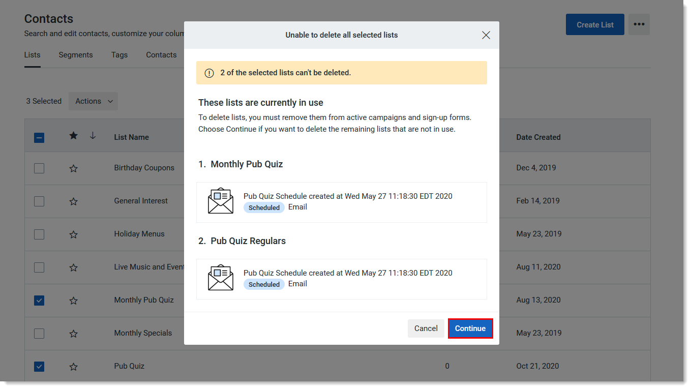 Unable to delete all selected lists overlay with scheduled email for each affected list and Continue button