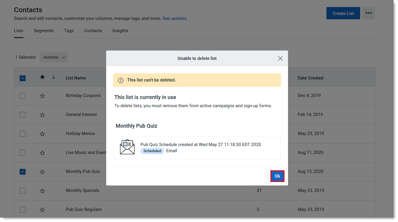 Unable to delete list overlay, with name of scheduled email and Ok button