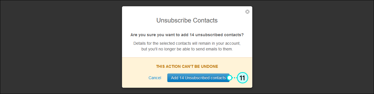 Unsubscribed Contacts overlay and Add # Unsubscribed contacts button