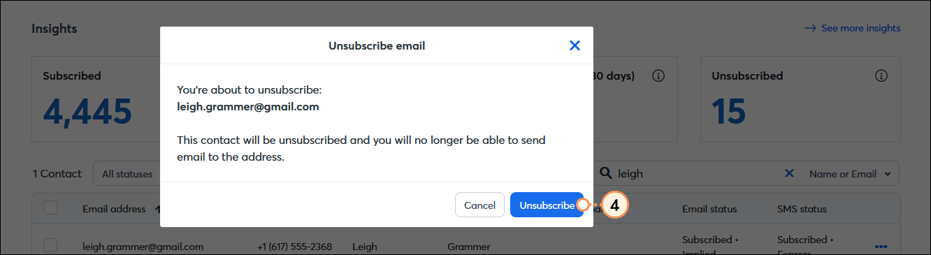 Unsubscribe email overlay and Unsubscribe button