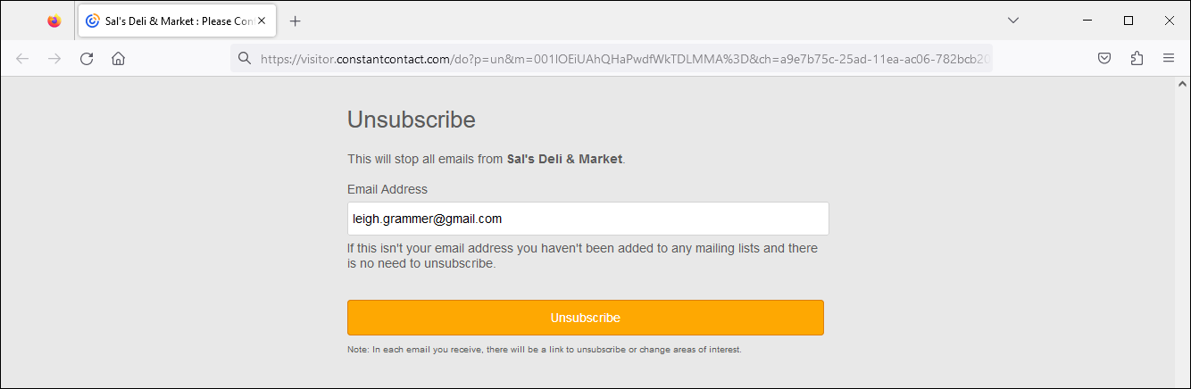 Unsubscribe page with Email Address field and unsubscribe button