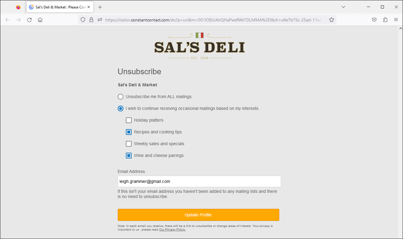 Unsubscribe page with ALL mailings option and interest-based list option, Email Address field, and Update Profile button