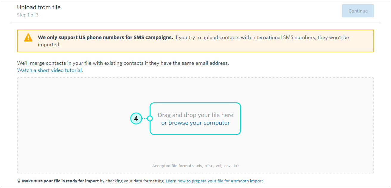 Upload from file Step 1 of 3, Drag-and-drop your file here field, and or browse your computer link