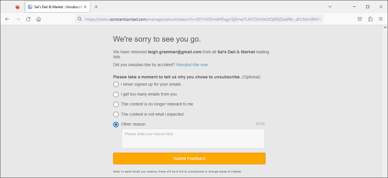 We're sorry to see you go page with unsubscribe reason options and Submit Feedback button