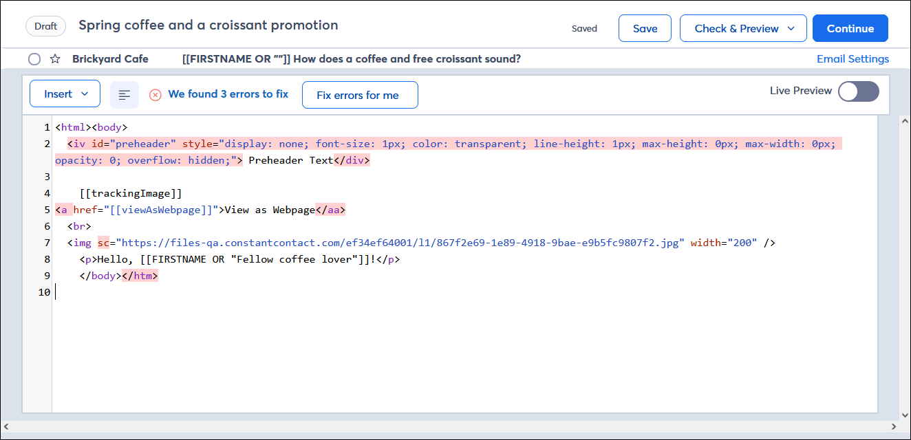 Custom code email editor with error message and Fix errors for me button