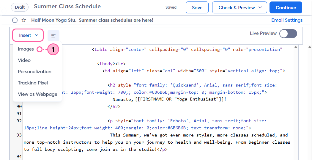 Insert drop-down and Images option