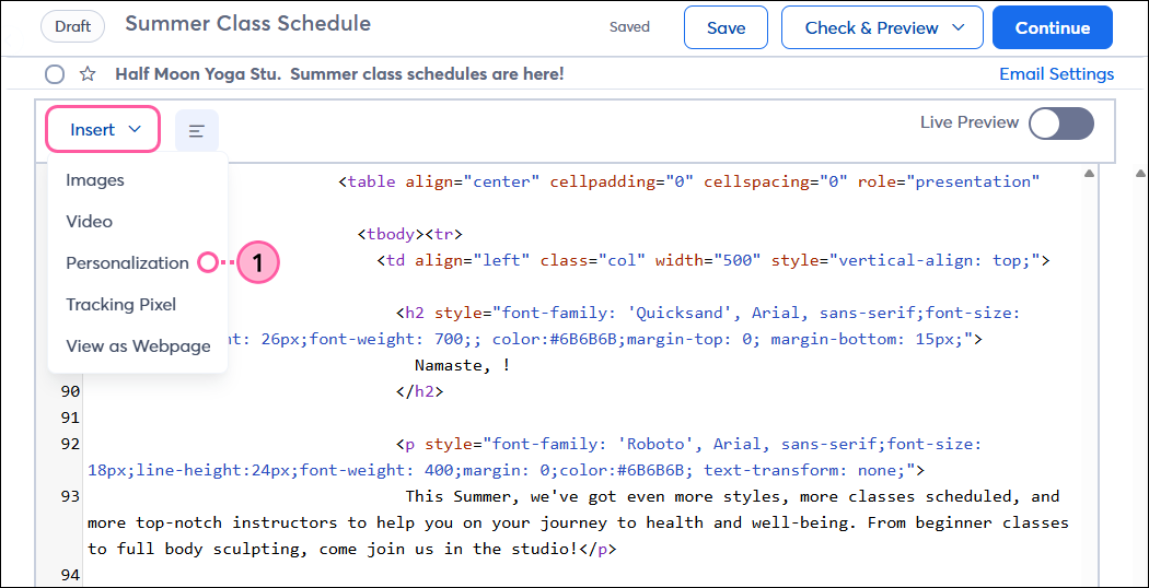 Insert dropdown and Personalization option