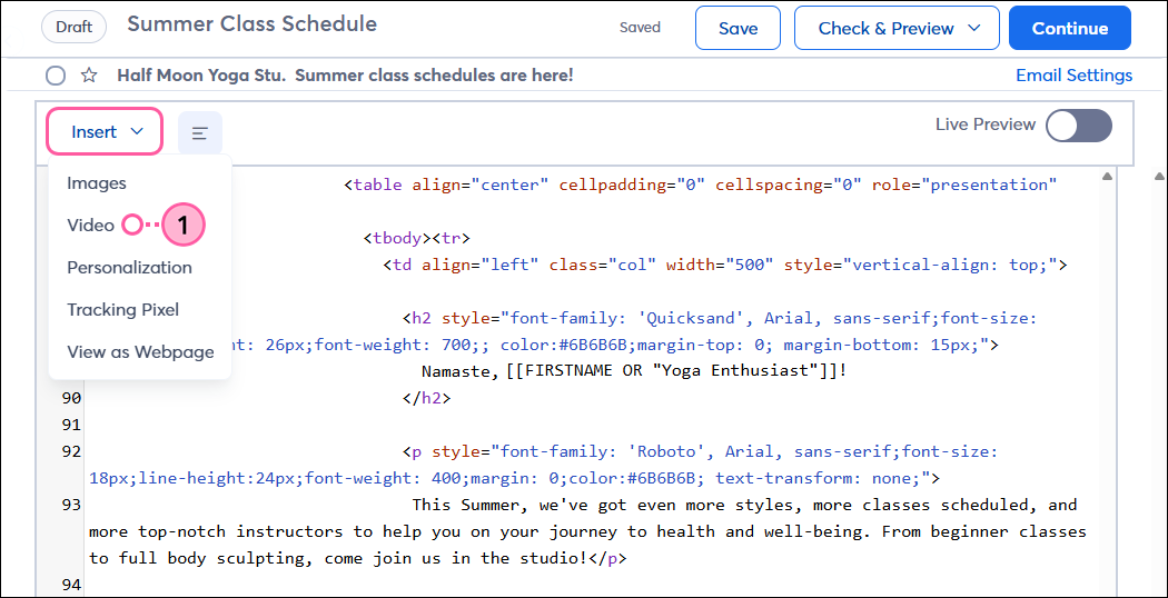 Custom Code email editor and Insert drop-down with Video option