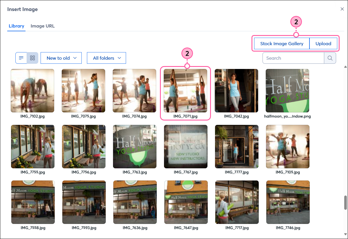 My Library with image selected, Upload button, and Stock Image Gallery button