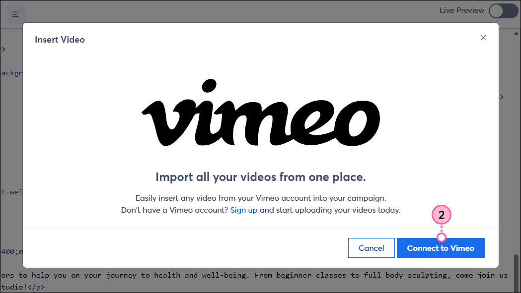 Connect Your Vimeo Account overlay and Connect button
