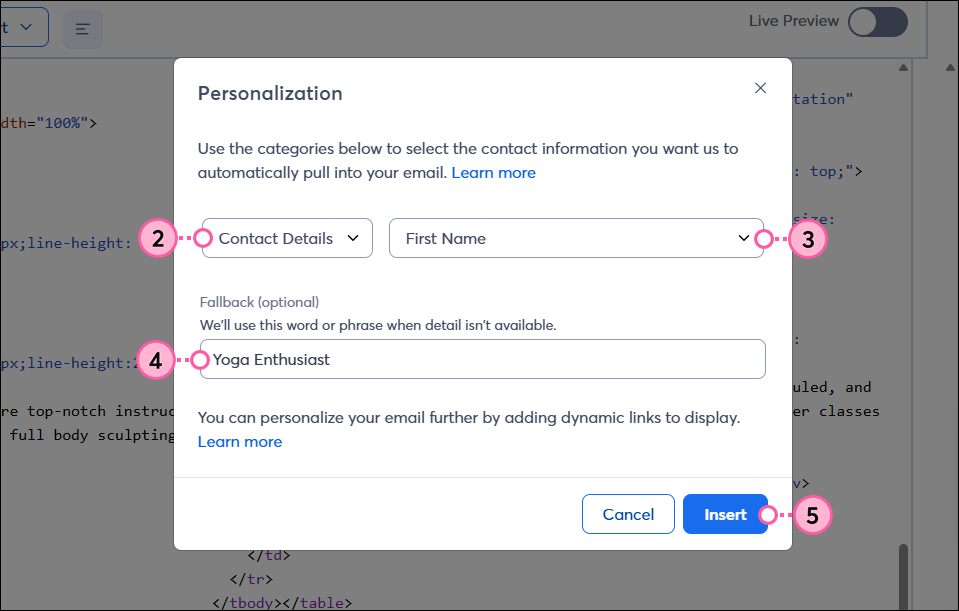 Personalization fields and Insert button