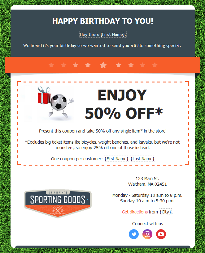 Birthday email with logo at the bottom