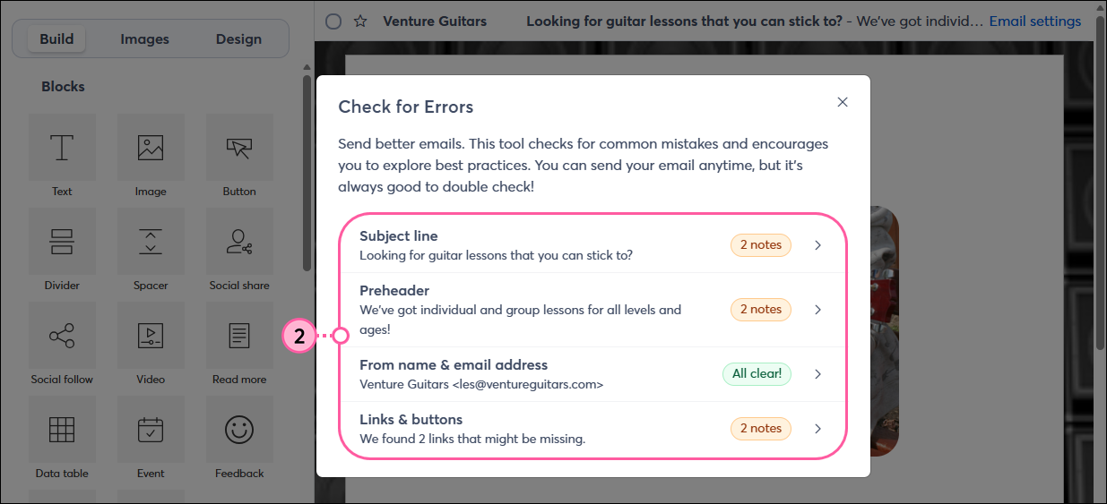 Check for Errors overlay with Subject line, Preheader, From namd and email address, and Links and buttons options