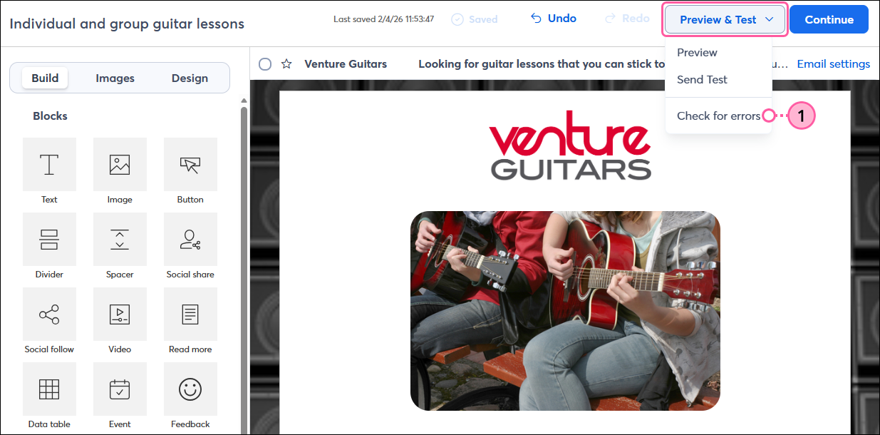 Email editor with Preview & Test drop-down menu expanded, and Check for errors option selected